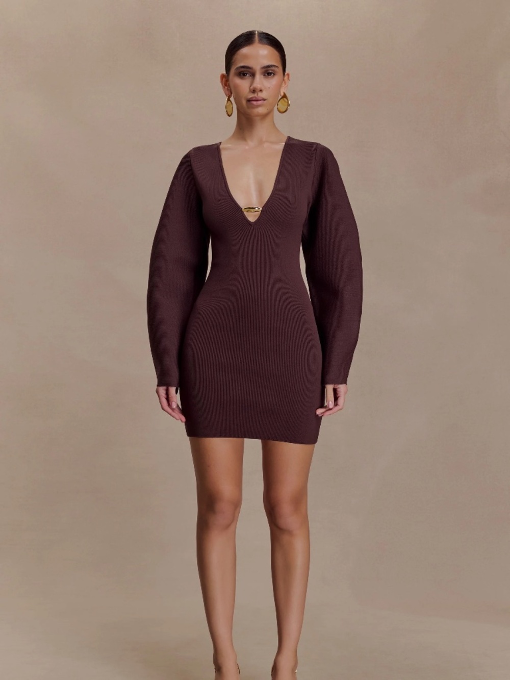 Balloon Sleeve Knit Mini Dress - Dark Chocolate